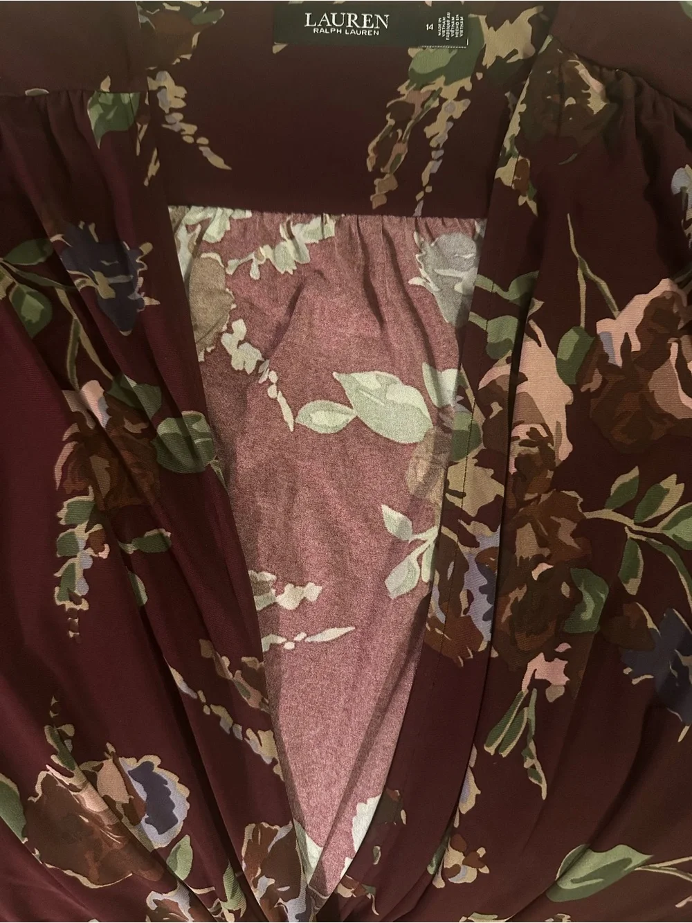 Ralph Lauren Burgundy Floral Wrap Midi Dress with Tie